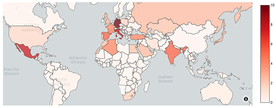 Figure 1 - Percentage of unique IP addresses contacting Kaspersky servers, per country