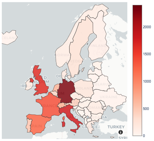 Percentage of unique IP addresses in Europe contacting Kaspersky servers per country