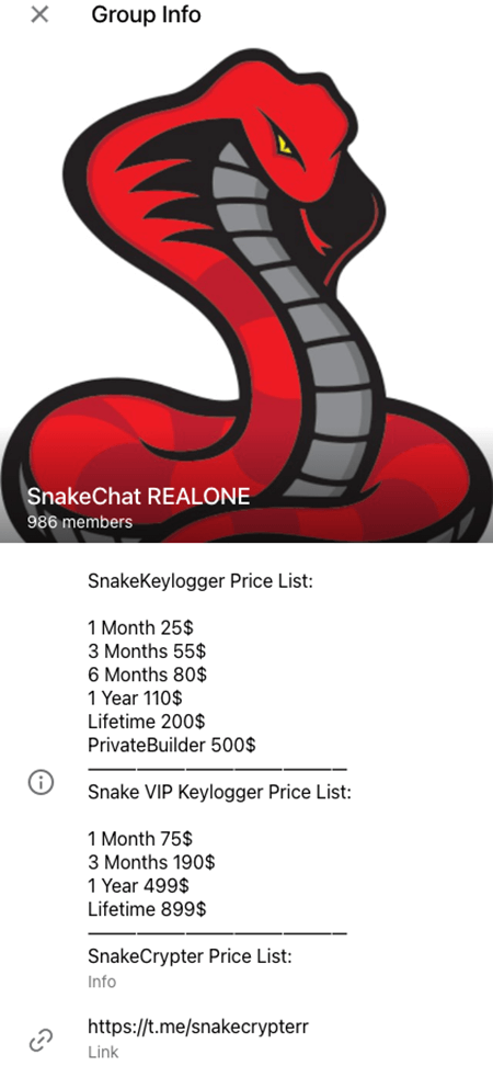 Figure 3 - SnakeKeylogger group info with prices for buying access to the malware