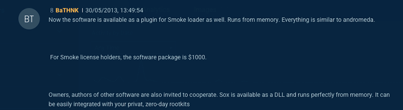 Image 5: Actor BaTHNK announces socks5systemz as a proxy module for Andromeda and Smokeloader malware (auto-translated from Russian)