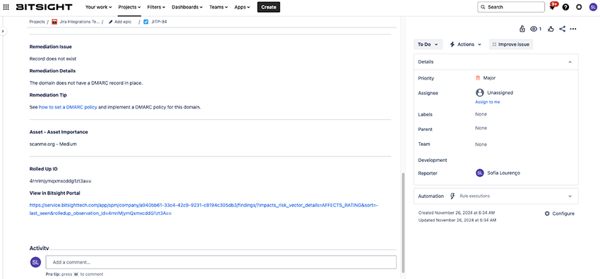 Bitsight and JIRA integration screenshot