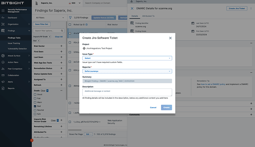 Bitsight portal with JIRA integration screen