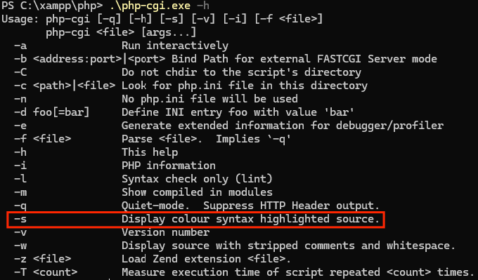 php-cgi.exe help menu